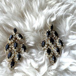 Black & Crystal Rhinestones Gold Tone Statement Dangle PIerced Earrings Vintage